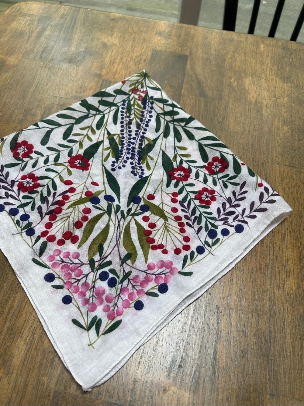 Floral Printed Linen Scarf - White with Multi-Color Botanical Design block print